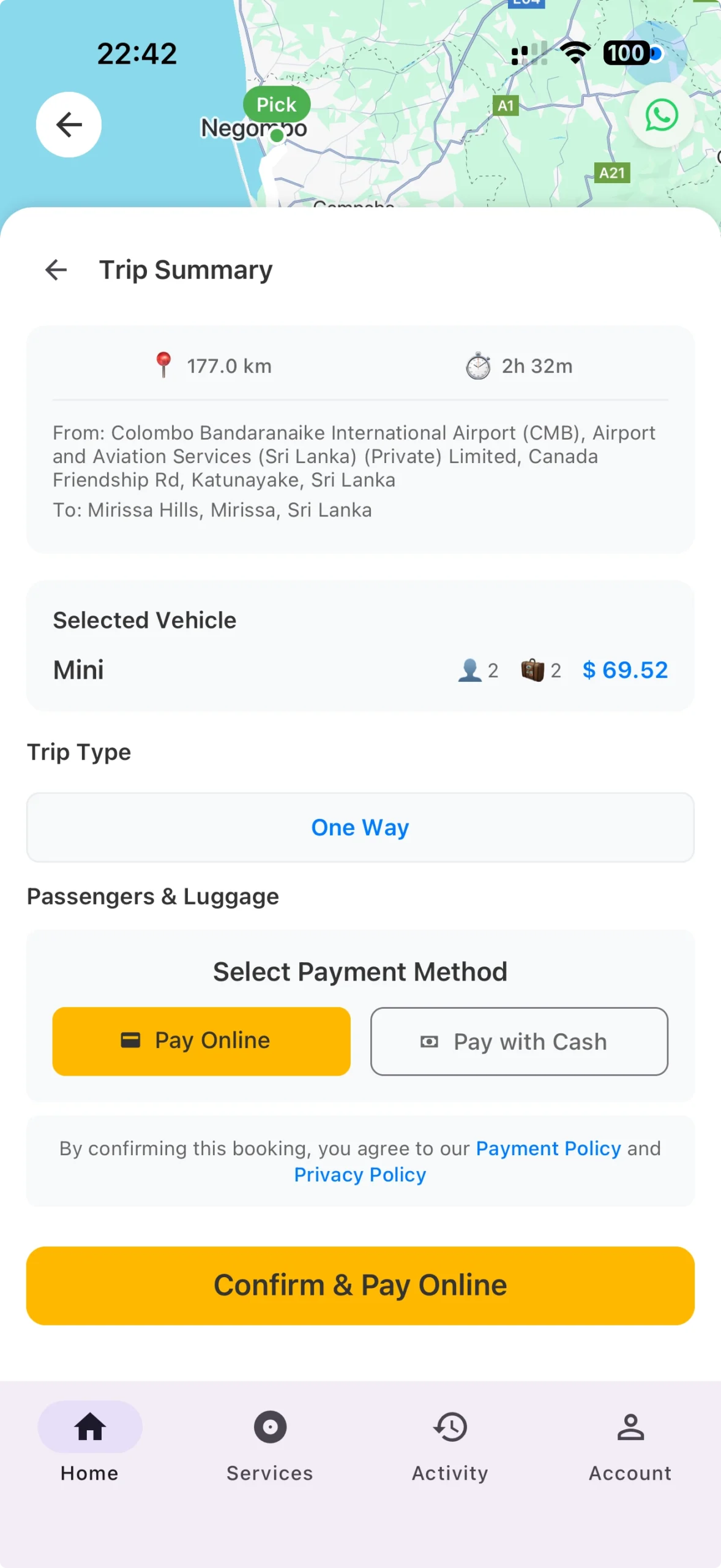 mirissa cabs online payment